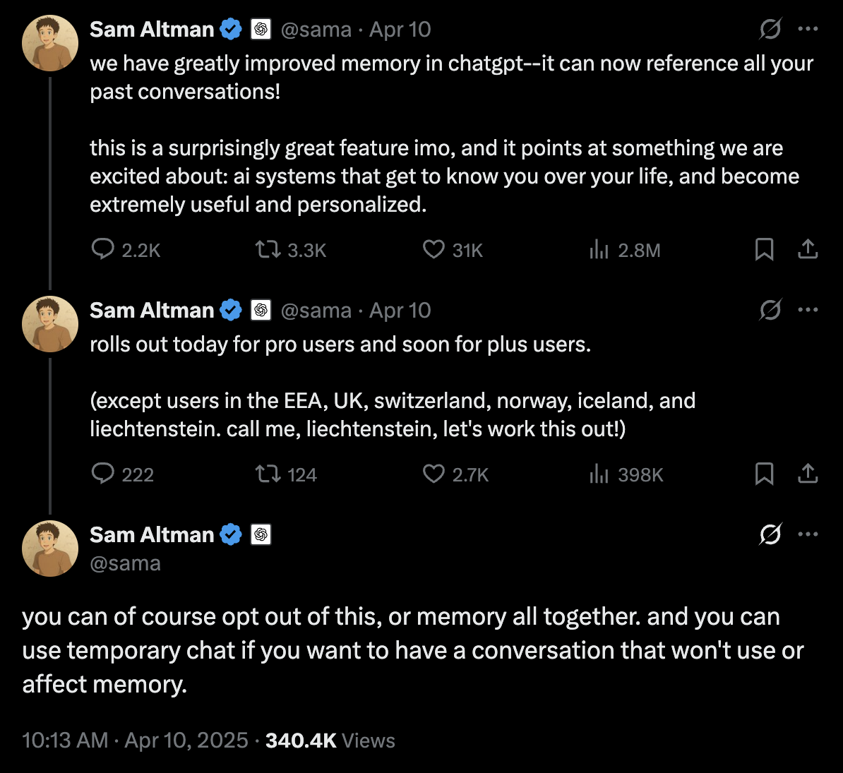 Sam Altman Tweet About User Agent Memory